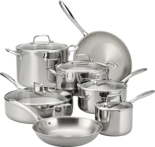 Tramontina Tri-Ply Clad - Juego de utensilios de cocina de acero inoxidable de 12 piezas con tapas de vidrio, ollas y sartenes, listo para