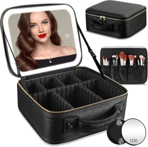 Bolso de maquillaje iluminado con LED y espejo, estuche de viaje tipo tren organizador de cosméticos con divisores ajustables y espejo desmontable
