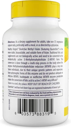 Miniatura 3 de Healthy Origins Metil Folato de 800 mcg (quatrefolic, no OMG, folato biodisponible, sin gluten, soporte neurotransmisor), 120 cápsulas vegetales