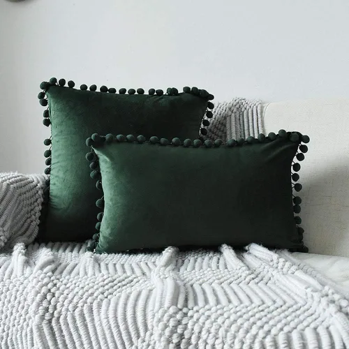 Miniatura 4 de vctops Funda de cojín lumbar con pompones, de terciopelo suave, sólida, decorativa, para sofá, dormitorio o automóvil, 1 pieza