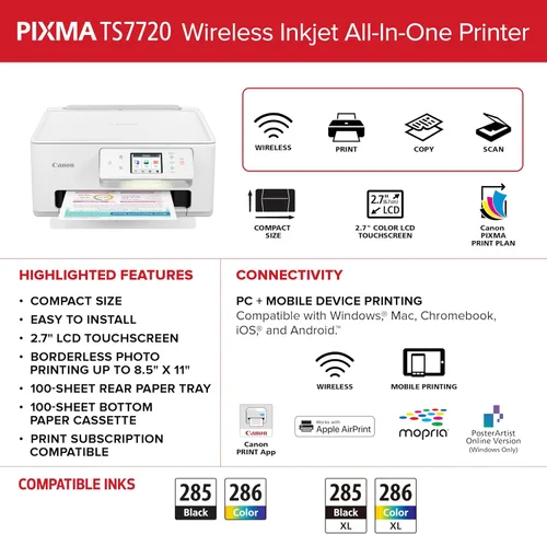 Miniatura 6 de Canon PIXMA TS7720 Impresora inalámbrica de inyección de tinta a color todo en uno - Impresión, copia, escanea, dúplex automático, 15/10 PPM