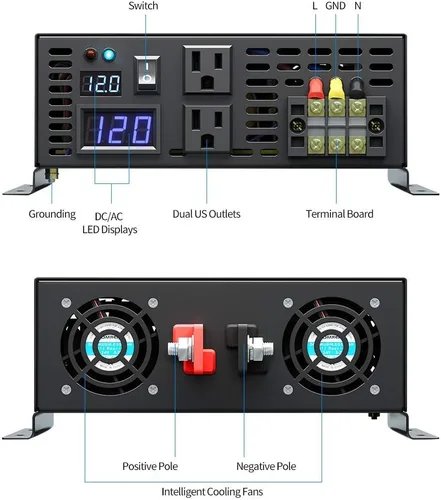 Miniatura 2 de WZRELB Inversor de corriente de onda sinusoidal pura de 2500W 48V 120V con 2 salidas de CA, inversor de coche
