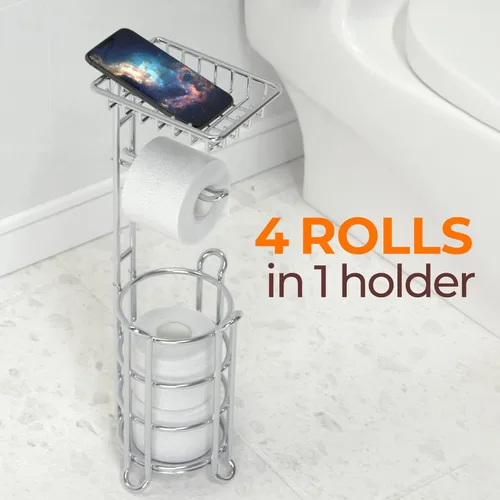 Miniatura 4 de Portarrollos de papel higiénico TreeLen con estante para almacenamiento en el baño, soporte para teléfono, toalla y mega rollos, cromo brillante