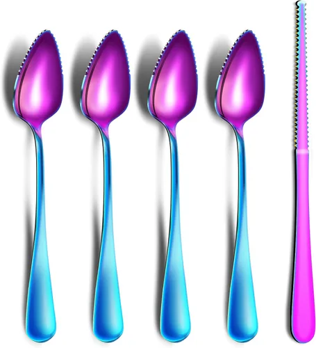 Miniatura 8 de 5 piezas de cucharas para pomelo, juego de utensilios de cuchara para pomelo de acero inoxidable, borde dentado y mango de calibre grueso