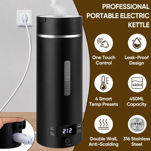 Miniatura 2 de Hervidor eléctrico portátil de viaje, calentador de café y té hervido con agua caliente, 15.2 fl oz, acero inoxidable 316, 4 preajustes de Negro