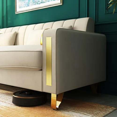 Miniatura 4 de Sofá cama modular de tela de terciopelo de 85.62 pulgadas, 3 asientos, fácil de montar con 2 almohadas de sofá, patas de metal dorado para sala