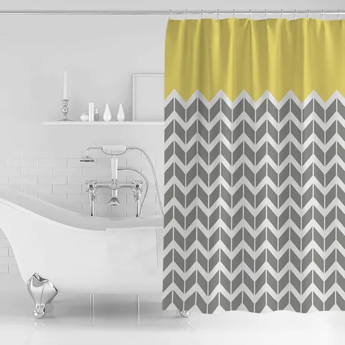 Miniatura 2 de Cortina de ducha, diseño de rayas onduladas, patrón geométrico, gris, amarillo, repelente al agua, tela de poliéster, cortinas de baño con ganchos
