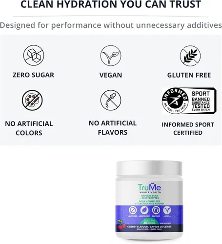 Miniatura 3 de TruMe Clean - Polvo de electrolitos BCAA vegano - Cereza - 2:1:1 sin azúcar sin sucralosa BCAA Aminoácidos Suplemento para mujeres/hombres