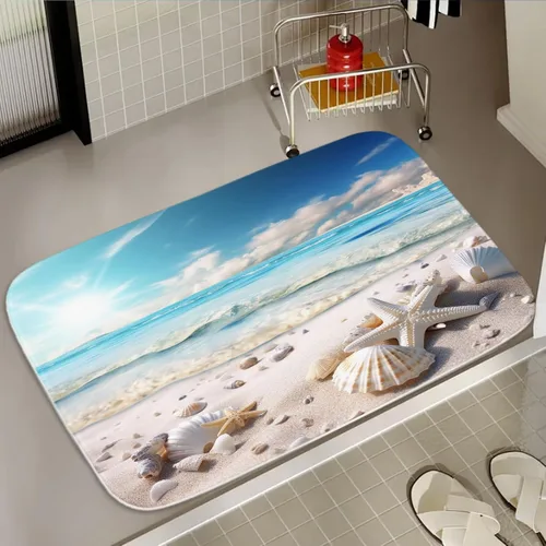 Miniatura 24 de Alfombra de baño de terciopelo coral con diseño náutico de tortugas marinas, animales de playa, tapete de ducha antideslizante para baño de océano