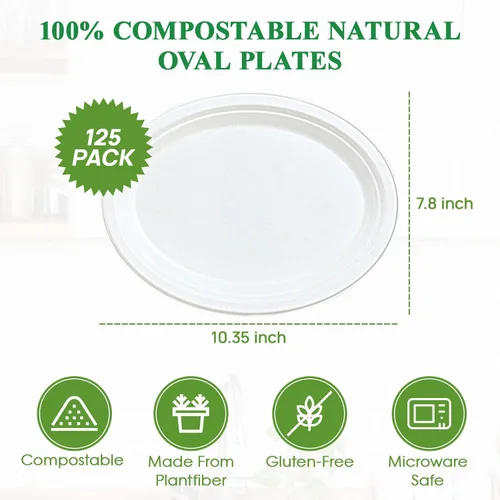 Miniatura 5 de Vplus Platos de papel ovalados 100% compostables de 10 pulgadas, paquete de 125 platos de papel desechables súper fuertes, bagazo, natural, 10 in