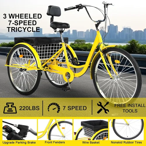 Miniatura 3 de Triciclo para adultos de 24/26 pulgadas, 7 velocidades, triciclo de 3 ruedas para adultos para mujeres/hombres/personas mayores, bicicleta de tres