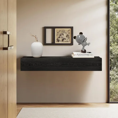 Miniatura 7 de Mesa consola flotante de madera maciza, mesa de entrada estrecha montada en la pared de 32 pulgadas con estante de almacenamiento, estantes modernos
