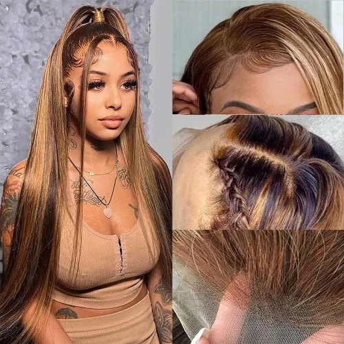 Miniatura 18 de Flady Peluca de cabello humano con encaje frontal ombré, prearrancada, sin pegamento, peluca frontal de encaje HD 4/27, pelucas de cabello humano