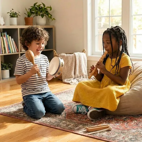 Miniatura 13 de Stoie's Instrumentos musicales de madera para niños pequeños con tambor, flauta, campanas de mano, platillos, castañuelas, triángulo, para bebés