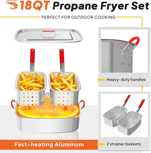 Miniatura 4 de Freidora de propano de 18 cuartos Freidora de pescado para exteriores con 2 cestas, pinzas, tapa, tapa y termómetro Freidora de aluminio