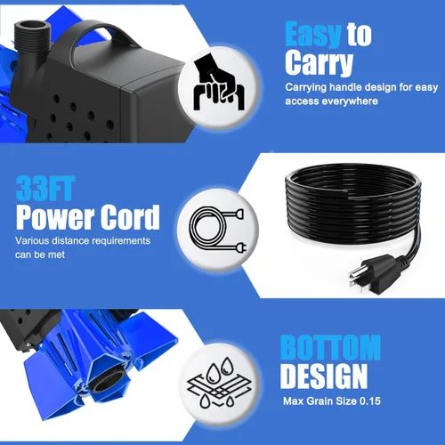 Miniatura 6 de AgiiMan Bombas de estanque, bomba de cubierta de piscina de 3500 GPH de 2 HP con bolsa de filtro y cable de 33 pies, bomba de agua sumergible, Azul