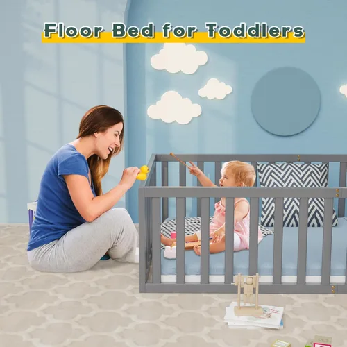 Miniatura 2 de Zevemomo Cama de suelo tamaño individual para niños y niños, cama de piso Montessori individual con barandillas de seguridad y puerta, cama de piso