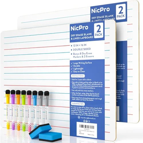 Miniatura 13 de Nicpro Pizarra de borrado en seco de regazo 9 x 12 pulgadas, paquete de 2 pizarras para niños con doble cara, pequeña, rayada y en blanco, con 8