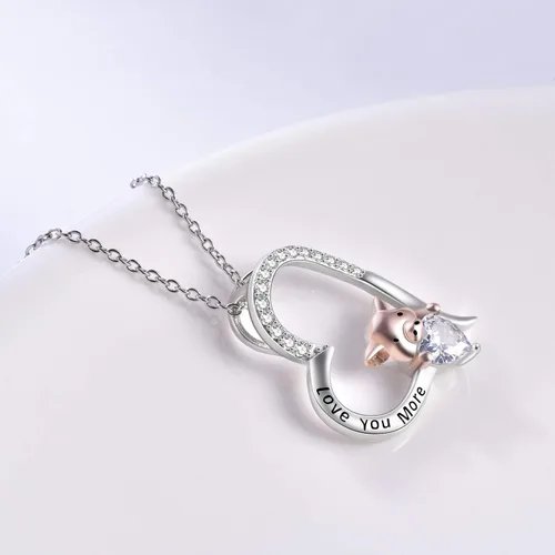 Miniatura 3 de YFN Collar de cerdo, regalo de joyería de plata de ley 925, lindo colgante de animal con corazón de circonita cúbica, collar para mujeres y niñas