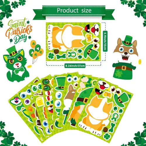 Miniatura 2 de 24 hojas de calcomanías del Día de San Patricio Combina y crea una cara Calcomanías de animales Suministros de recuerdos de fiesta del Día de San