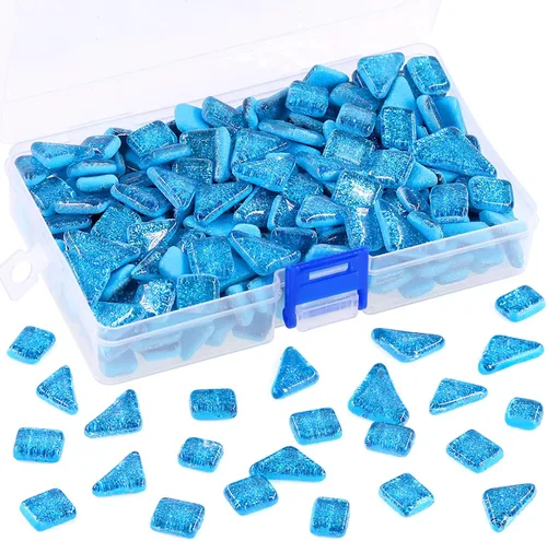 Swpeet Kit surtido de azulejos de mosaico Seablue Shine Crystal de 1 libra, cuadrados y triangulares, mosaico de cristal con purpurina, perfecto