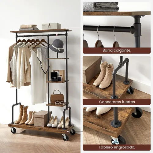 Miniatura 4 de VASAGLE UHSR66BX - Perchero para ropa con ruedas, organizador de ropa portátil con 5 niveles, estilo de tubería industrial, marrón rústico
