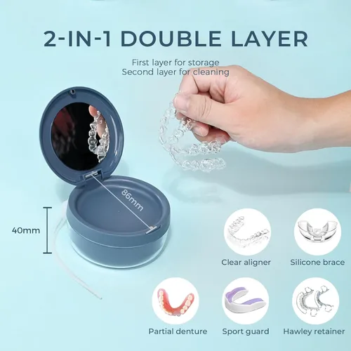 Miniatura 4 de Estuche de dentadura postiza, estuche limpiador de retenedores 2 en 1 con espejo y colador, vaso de baño portátil para viajes, bonita caja