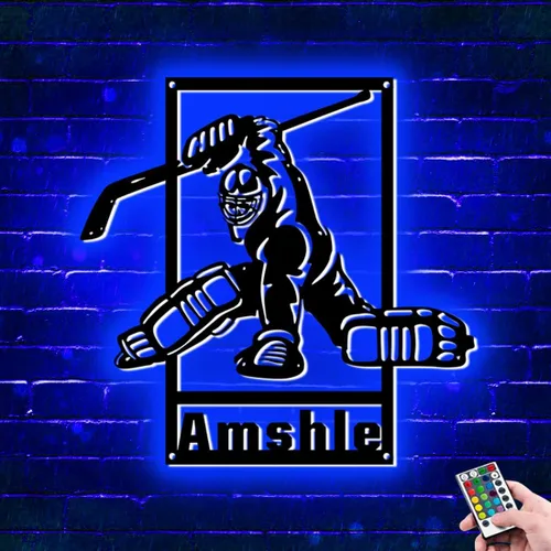 Miniatura 11 de Arte de pared de hockey con nombre y número personalizado, letrero de metal personalizado para jugador de hockey con luz LED, letrero de neón