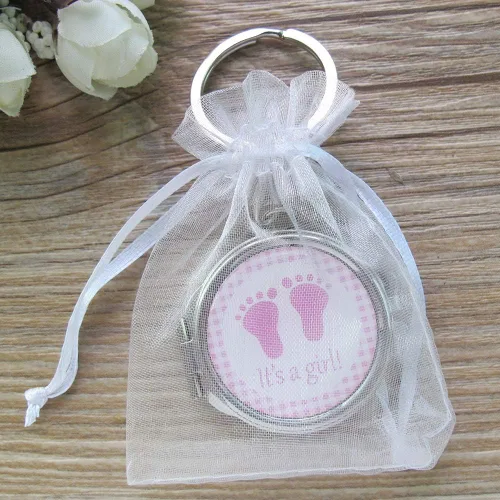 Miniatura 4 de 12 llaveros personalizados para baby shower con espejo rosa para niña, con diseño de huella de bebé, regalo personalizado grabado