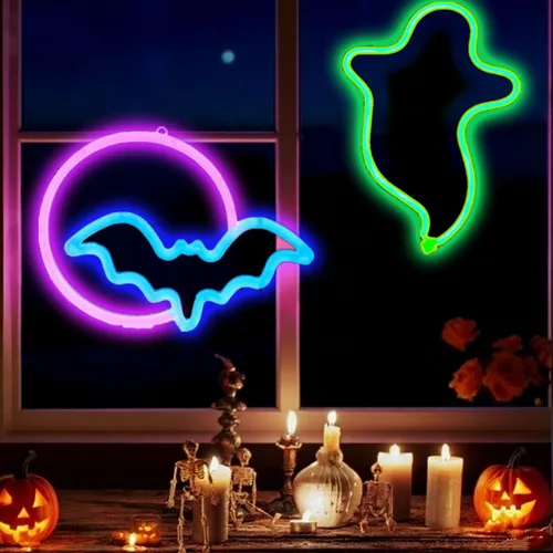 Miniatura 15 de Letreros de neón de murciélago para dormitorio, mesita de noche, decoración de pared, decoración de Halloween, luces LED de noche, adornos de mesa