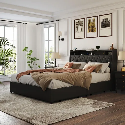 Miniatura 7 de Base de cama Queen con cabecera ergonómica, base de cama de plataforma tamaño Queen con tomas de corriente y cargador, marco de cama de metal
