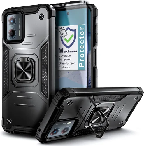 Funda compatible con Motorola Moto G-5G-2023, color negro, con protector de pantalla de vidrio templado, protector de cuerpo completo, soporte
