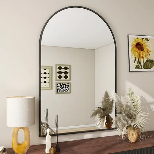 BEAUTYPEAK Espejo de baño de arco de 24 x 36 pulgadas, espejo de pared con marco de metal para dormitorio, entrada, sala de estar, color negro