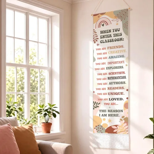 Miniatura 3 de Geetery Boho Classroom Rule Decor Class Welcome Door Sign Tapestry Wall Hanging Motivational Vertical Narrow Wall Art Inspirational Long Tassel