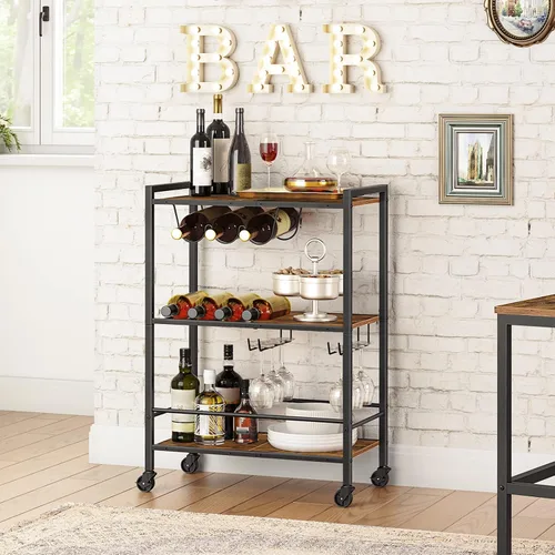 Miniatura 5 de HOOBRO Carrito de bar, carrito de café de 3 niveles con ruedas, carrito de cocina, carrito de vino con estante para vino y soporte para vidrio