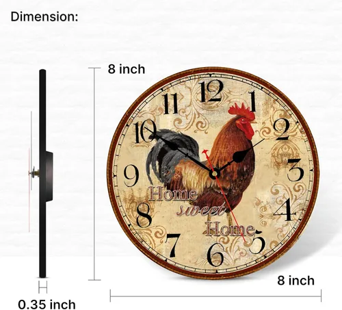 Miniatura 5 de TAHEAT Reloj de pared de granja con gallo, reloj de batería silencioso con números arábicos, relojes de pared vintage de estilo campestre