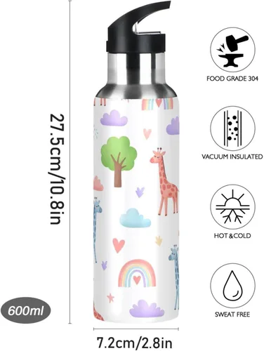 Miniatura 9 de BPA-Free Sports Water Bottle 20 Oz, Insulated Water Bottle for Gym Outdoor Travel School, Cute Giraffes