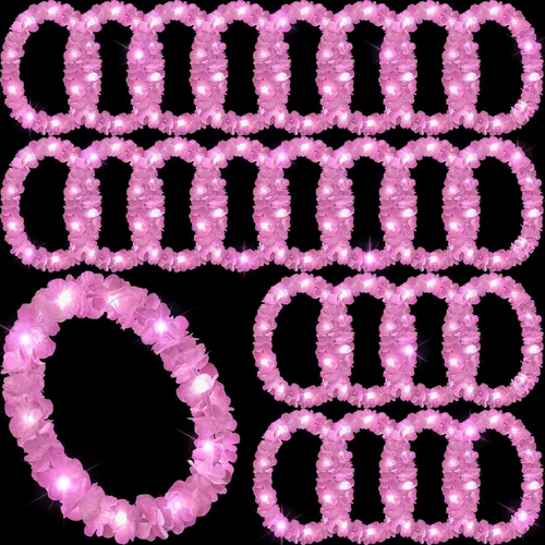 Miniatura 29 de Sherr 24 piezas Collares de leis LED iluminados, collares de flores hawaianas con luces LED para bodas, playa, tropical, carnaval, suministros