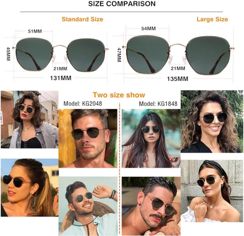 Miniatura 5 de Gafas de sol hexagonales con lente de vidrio retro para hombres y mujeres marco de metal cuadrado vintage con lentes planas 2126in tamaño grande