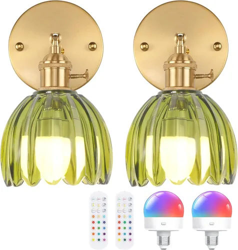 Shenmoyl Aplique de Pared Vintage Operado por Batería con Linda Campana de Vidrio Tulipán Verde, Recargable Inalámbrica, Luz de Pared con Control