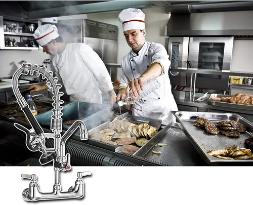 Miniatura 9 de Grifo comercial con rociador de 21 pulgadas de altura, 8 pulgadas de centro, montaje en pared, grifo de fregadero de cocina de construcción de latón