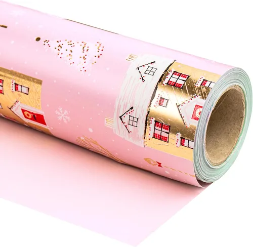 Miniatura 11 de WRAPAHOLIC - Papel de regalo de Navidad reversible, minirollo, 17 pulgadas x 33 pies, diseño de árbol de Navidad con letras “joy”, perfecto
