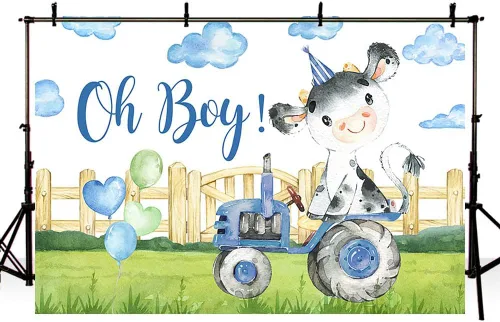 Miniatura 4 de Sendy Telón de fondo de baby shower de vaca sagrada de 7 x 5 pies para niño Oh Baby Farm temática de decoración de fiesta, suministros de hierba