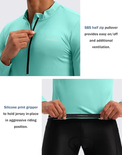 Miniatura 4 de Bikewa Maillot de ciclismo para hombre con 3+1 bolsillos traseros con cremallera, manga larga, absorción de humedad, UPF 50+ media cremallera