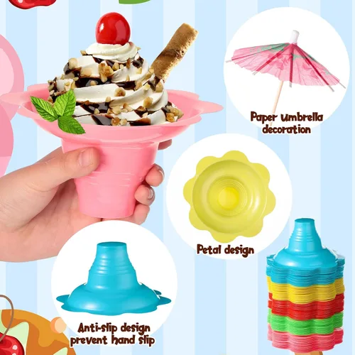 Miniatura 4 de Silkfly Juego de 25 tazas de cono de nieve de flores coloridas de 4 onzas y kit de sombrillas de papel y pajitas de cuchara, cuencos de hielo