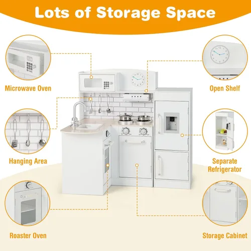 Miniatura 5 de HONEY JOY Juego de cocina esquinera para niños, cocina de madera para niños pequeños, dispensador de agua, microondas, campana extractora