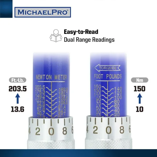 Miniatura 2 de MichaelPro Llave dinamométrica de clic de 1/2 pulgada, 10-150 ft-lb, doble dirección, ± 4% de precisión, cabezal de trinquete reversible, llave
