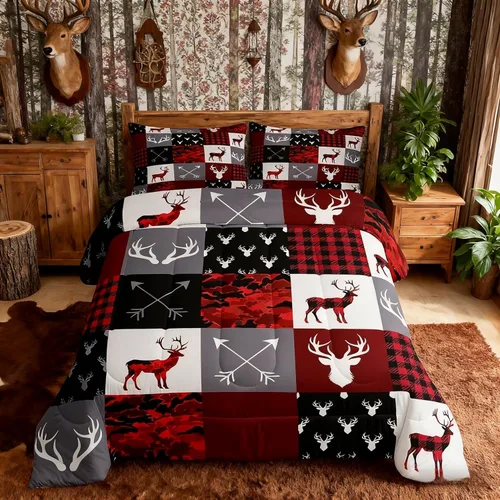 Miniatura 68 de Juego de edredón de cuernos de ciervo tamaño individual, juego de ropa de cama rústica de granja con huellas de oso y pinos para decoración