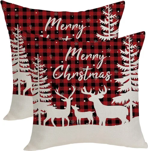 Fundas de almohada navideñas de 18x18 pulgadas, paquete de 2, cuadros búfalo rojo y negro con ciervo, fundas de almohada decorativas, decoración