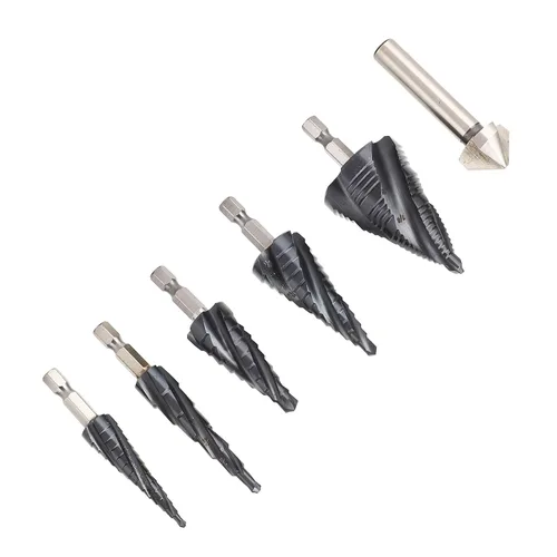 Miniatura 9 de Juego de brocas escalonadas, 4 flautas, vástago de 1/4 pulgadas, M35, cobalto, Pagoda para metal duro de acero inoxidable